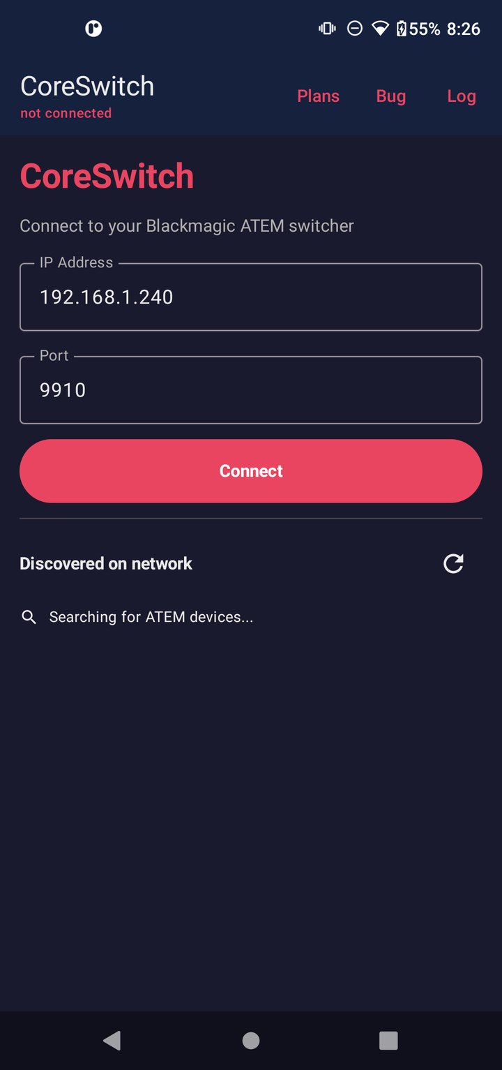 CoreSwitch Connect screen showing discovered ATEM mixers