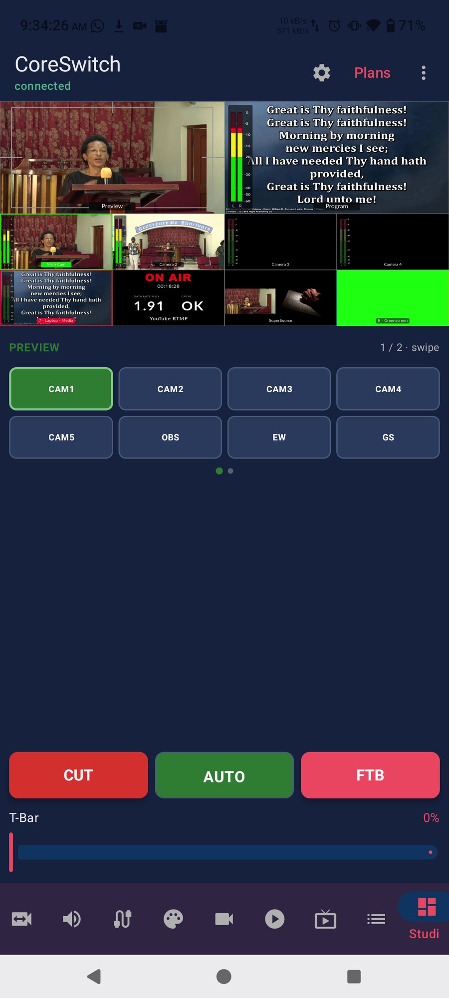 CoreSwitch Studio tab with live ATEM multiview
